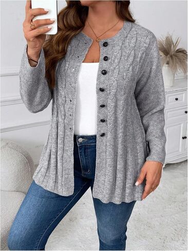 OYOANGLE Women's Plus Size Cable Knit Button Down Cardigan Sweater Crew Neck Knitted Outerwear Coats in Saudi Arabia