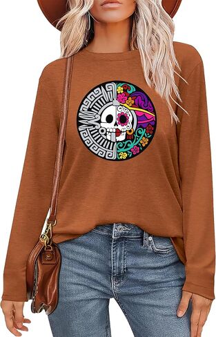 قميص نسائي من Dia De Los Muertos تيشيرتات يوم الموتى تيشيرتات ذات هيكل عظمي جرافيك تي شيرت مكسيكي بأكمام طويلة ملابس الهالوين in Kuwait