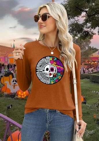 قميص نسائي من Dia De Los Muertos تيشيرتات يوم الموتى تيشيرتات ذات هيكل عظمي جرافيك تي شيرت مكسيكي بأكمام طويلة ملابس الهالوين in Kuwait