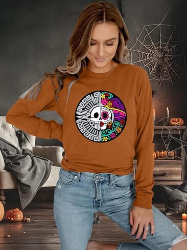 قميص نسائي من Dia De Los Muertos تيشيرتات يوم الموتى تيشيرتات ذات هيكل عظمي جرافيك تي شيرت مكسيكي بأكمام طويلة ملابس الهالوين in Kuwait