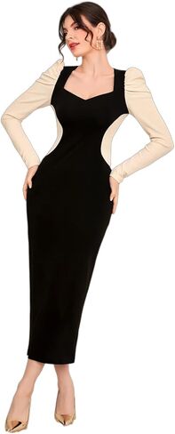 فستان WDIRARA نسائي أنيق متوسط ​​الطول بفتحة على شكل قلب ورقبة على شكل قلب وأكمام طويلة in Kuwait