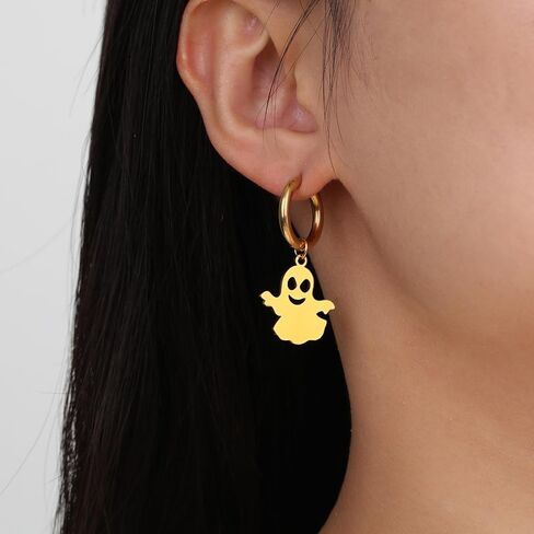 Halloween Pumpkin Ghost Earrings for Women Men Ghost Huggie Hoop Earring Charm Pendant Dangle Stainless Steel Halloween Cute BOO Earrings Festive Party Holiday Night Costume Jewelry Unisex in Saudi Arabia