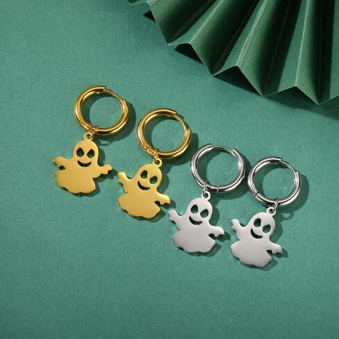 Halloween Pumpkin Ghost Earrings for Women Men Ghost Huggie Hoop Earring Charm Pendant Dangle Stainless Steel Halloween Cute BOO Earrings Festive Party Holiday Night Costume Jewelry Unisex in Saudi Arabia