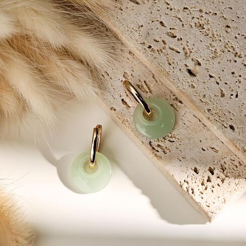 Gold Jade Hoop Earrings, Green Donut Shaped Jade Jewelry for Women in Saudi Arabia