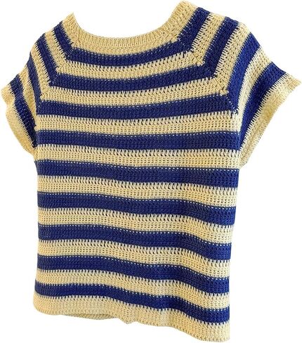 WDIRARA Women's Striped Short Sleeve Open Front Cardigan Sweater Crew Neck Lightweight Y2k Knit Top in Saudi Arabia