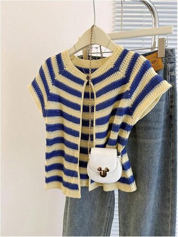WDIRARA Women's Striped Short Sleeve Open Front Cardigan Sweater Crew Neck Lightweight Y2k Knit Top in Saudi Arabia