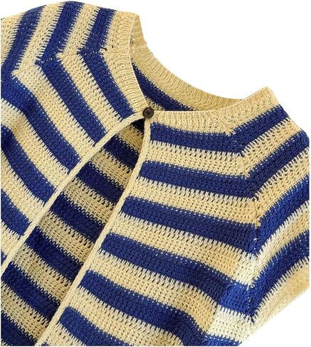 WDIRARA Women's Striped Short Sleeve Open Front Cardigan Sweater Crew Neck Lightweight Y2k Knit Top in Saudi Arabia