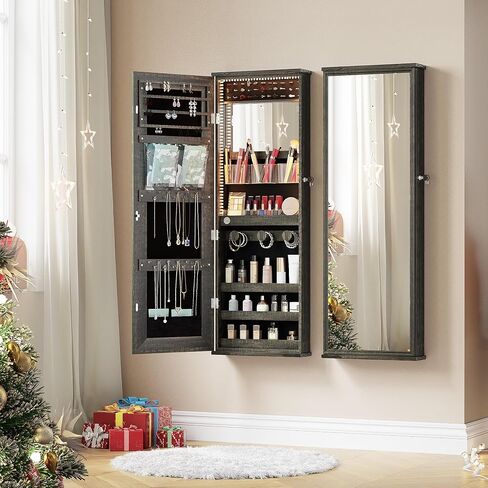 HWB Mirror Jewelry Cabinet, Hanging Jewelry Armorie with 5 Color LED Interior Mirror, Wall-Mount Jewelry Storage Organizer with Full Length Mirror, Gift Idea for Women in Saudi Arabia