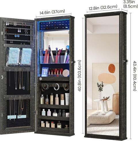 HWB Mirror Jewelry Cabinet, Hanging Jewelry Armorie with 5 Color LED Interior Mirror, Wall-Mount Jewelry Storage Organizer with Full Length Mirror, Gift Idea for Women in Saudi Arabia