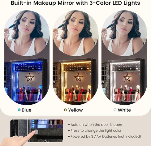 HWB Mirror Jewelry Cabinet, Hanging Jewelry Armorie with 5 Color LED Interior Mirror, Wall-Mount Jewelry Storage Organizer with Full Length Mirror, Gift Idea for Women in Saudi Arabia