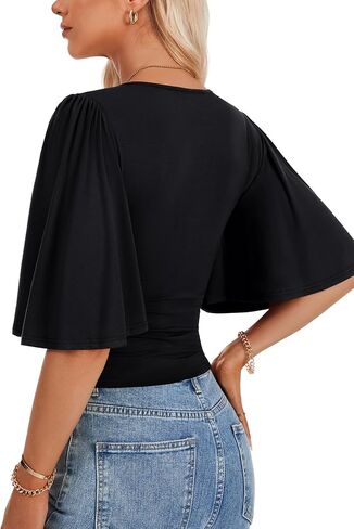 LYANER Women's V Neck Wrap Ruffle Sleeve Slim Fit Dressy Casual Blouse Shirt Tops in Saudi Arabia