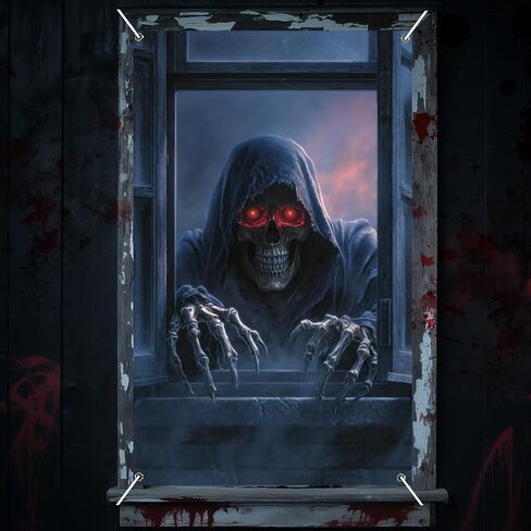 Nuxovilar Halloween Window Decorations, Skull in Candlelit Library Halloween Window Cover for Indoor, Party, Haunted House, 31.5x47.3 Inches in Kuwait