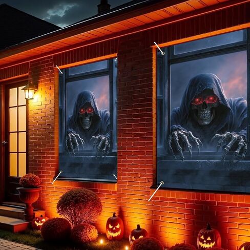 Nuxovilar Halloween Window Decorations, Skull in Candlelit Library Halloween Window Cover for Indoor, Party, Haunted House, 31.5x47.3 Inches in Kuwait