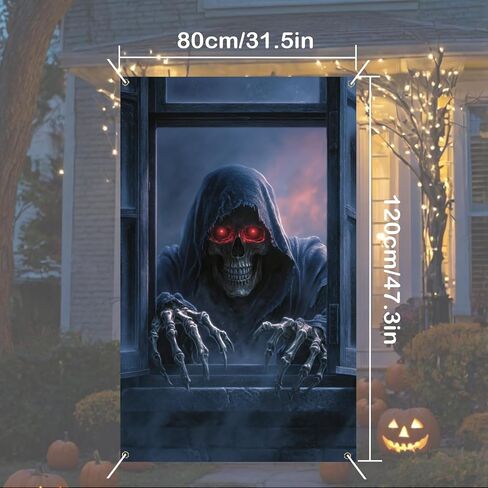 Nuxovilar Halloween Window Decorations, Skull in Candlelit Library Halloween Window Cover for Indoor, Party, Haunted House, 31.5x47.3 Inches in Kuwait