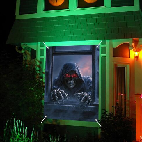 Nuxovilar Halloween Window Decorations, Skull in Candlelit Library Halloween Window Cover for Indoor, Party, Haunted House, 31.5x47.3 Inches in Kuwait