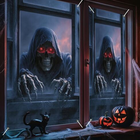 Nuxovilar Halloween Window Decorations, Skull in Candlelit Library Halloween Window Cover for Indoor, Party, Haunted House, 31.5x47.3 Inches in Kuwait