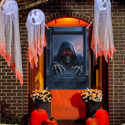 Nuxovilar Halloween Window Decorations, Skull in Candlelit Library Halloween Window Cover for Indoor, Party, Haunted House, 31.5x47.3 Inches in Kuwait