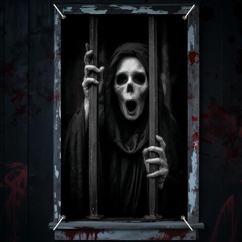 Nuxovilar Halloween Window Decorations, Skull in Candlelit Library Halloween Window Cover for Indoor, Party, Haunted House, 31.5x47.3 Inches in Kuwait