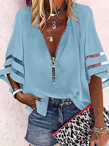 Women's V-Neck Zip Shirt, Bell Sleeve Casual Top with Mesh Panels, Relaxed Fit in Saudi Arabia