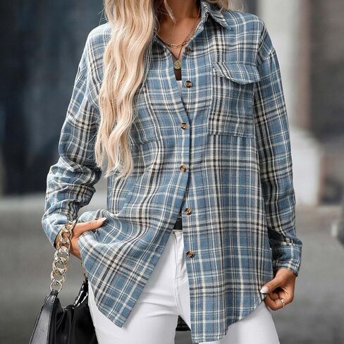 Plaid Shirts for Women Dressy Casual Blouses Button Down Business Work Boho Tops Long Sleeve Flannels Fall Outfits in Saudi Arabia
