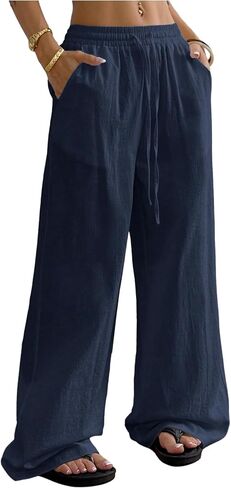 SweatyRocks Women's Loose Straight Leg Y2K Pants Drawstring Low Waist Long Trousers with Pockets in Saudi Arabia