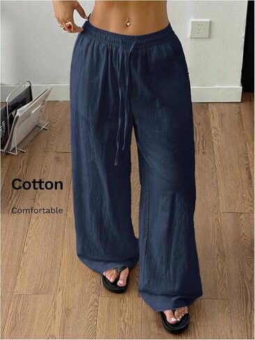 SweatyRocks Women's Loose Straight Leg Y2K Pants Drawstring Low Waist Long Trousers with Pockets in Saudi Arabia