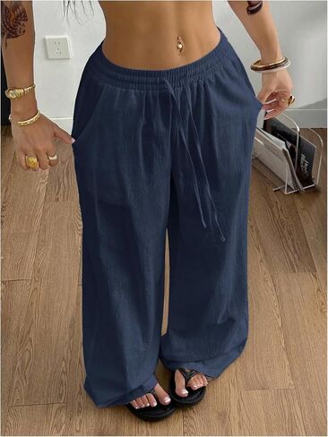 SweatyRocks Women's Loose Straight Leg Y2K Pants Drawstring Low Waist Long Trousers with Pockets in Saudi Arabia
