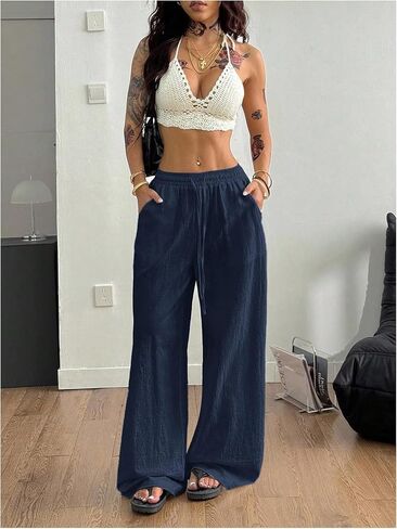 SweatyRocks Women's Loose Straight Leg Y2K Pants Drawstring Low Waist Long Trousers with Pockets in Saudi Arabia