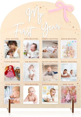 Weysat Pink Bow My First Year Photo Board, Wood 3D Coquette One Year of Photo 12 Months Monthly Milestone Board Picture Display Frame 1st Birthday Decorations Gift Bow Nursery Decor in Saudi Arabia