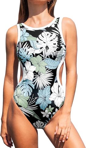 CUPSHE Women's One Piece Swimsuit High Neck Bathing Suit Side Cutout Color Block Wide Straps Sporty Back Hook in Saudi Arabia
