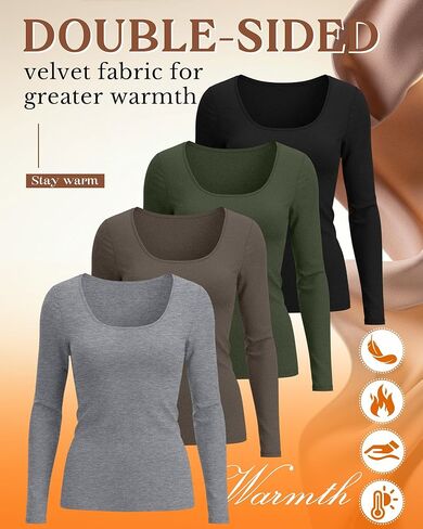 4 قطع من القمصان الحرارية النسائية مبطنة بالصوف وأكمام طويلة وياقة واسعة وقميص داخلي مناسب للشتاء بطبقة أساسية in Kuwait