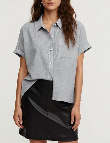 Women's Linen Button Down Shirt, Short Sleeve Loose Fit Summer Blouse, Solid Color Casual Collared Top in Saudi Arabia