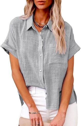 Women's Linen Button Down Shirt, Short Sleeve Loose Fit Summer Blouse, Solid Color Casual Collared Top in Saudi Arabia
