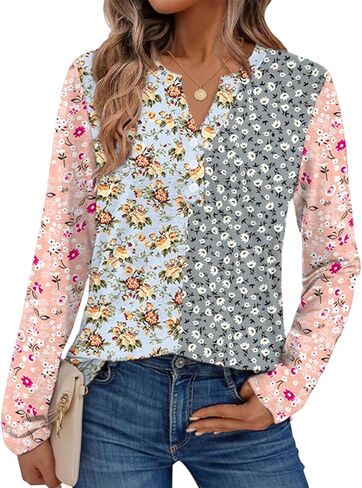 قمصان خريفية نسائية بأكمام طويلة من Binshre، بلوزة Henley برقبة على شكل V ومطبوعة بالزهور، بأزرار، ملابس كاجوال عصرية فضفاضة in Kuwait