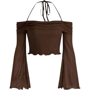 GORGLITTER Women's Bell Sleeve Off The Shoulder Tops Mesh Long Sleeve Ruched Halter Crop Top in Kuwait