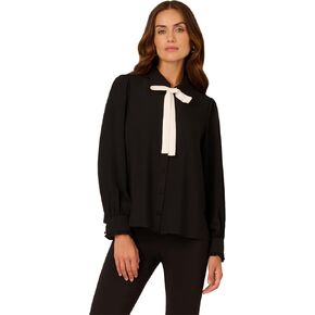 Adrianna Papell Womens Long Sleeve Woven Button Front Top with Contrast Neck Tie in Saudi Arabia