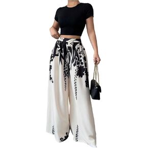 MakeMeChic Women's Floral Wide Leg Pants Long Palazzo Pants High Waisted Business Trousers in Kuwait