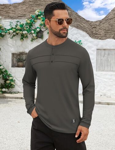 تي شيرت رجالي من Hardaddy بأزرار Henley وأكمام طويلة مطوي وطباعة حروف أمامية كاجوال in Saudi Arabia