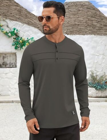 تي شيرت رجالي من Hardaddy بأزرار Henley وأكمام طويلة مطوي وطباعة حروف أمامية كاجوال in Saudi Arabia