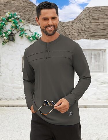تي شيرت رجالي من Hardaddy بأزرار Henley وأكمام طويلة مطوي وطباعة حروف أمامية كاجوال in Saudi Arabia
