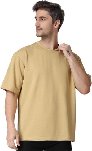 Men's Oversized Plain T-Shirt 100% Cotton Drop Shoulder Crew Neck Casual Streetwear Tee in Saudi Arabia