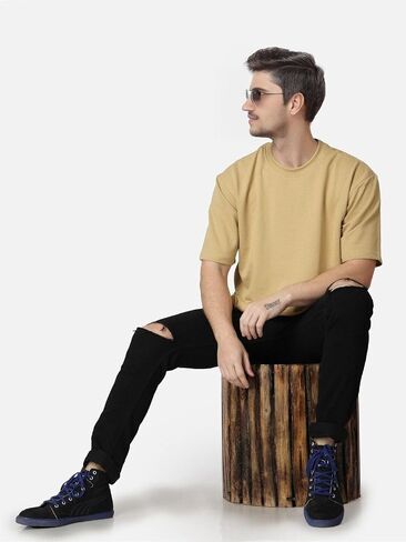 Men's Oversized Plain T-Shirt 100% Cotton Drop Shoulder Crew Neck Casual Streetwear Tee in Saudi Arabia