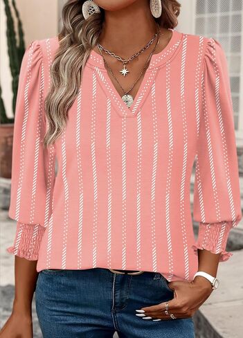 3/4 Length Sleeves Womens Tops Blouses for Women Dressy Casual Tops V Neck T Shirts with Smocked Cuffs in Saudi Arabia