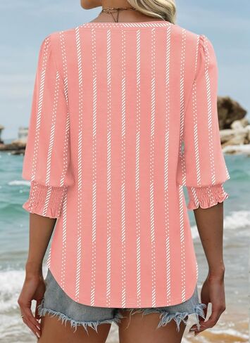 3/4 Length Sleeves Womens Tops Blouses for Women Dressy Casual Tops V Neck T Shirts with Smocked Cuffs in Saudi Arabia