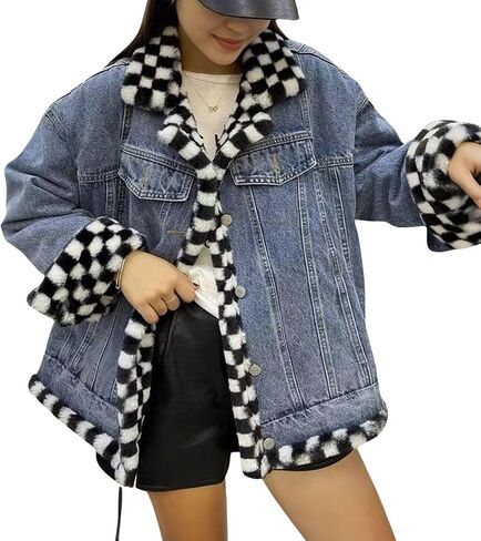 chouyatou Women's Reversible Warm Sherpa Notched Collar Jean Jacket Faux Fur Denim Coat Trucker Jacket in Kuwait