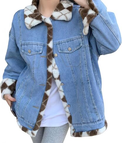 chouyatou Women's Reversible Warm Sherpa Notched Collar Jean Jacket Faux Fur Denim Coat Trucker Jacket in Kuwait