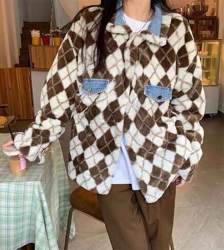 chouyatou Women's Reversible Warm Sherpa Notched Collar Jean Jacket Faux Fur Denim Coat Trucker Jacket in Kuwait