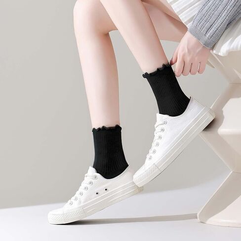 3 Pairs Womens Ruffle Ankle Socks Cute Breathable Turn-Cuff Crew Frilly Socks in Saudi Arabia