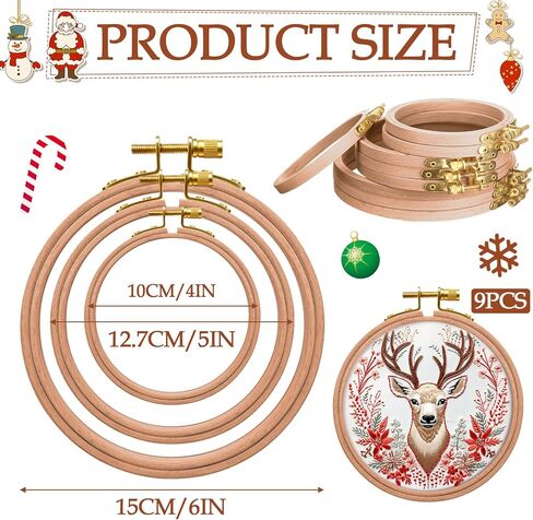 DoubleFill 9 Pcs Round Embroidery Hoops Sizes from 3.5 in to 5.3 in Frame Circle Rubber Hoops Ring Hanging Display Cross Stitch Ornament Gift Vintage Imitated Wood Frame Kits for Craft Sewing Gifts in Kuwait