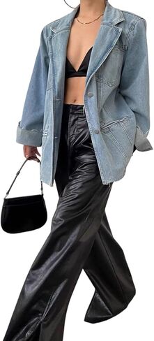 utcoco Women's Trendy Oversized Denim Blazer Casual Notched Lapel Long Sleeve Jean Jacket with Shoulder Pad in Saudi Arabia